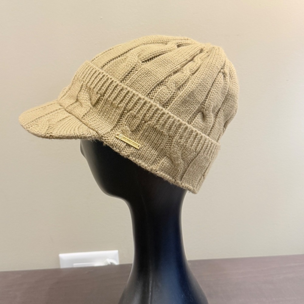 Michael Kors Cable Knit Visor Beanie Hat Tan Camel Newsboy Winter Designer Logo